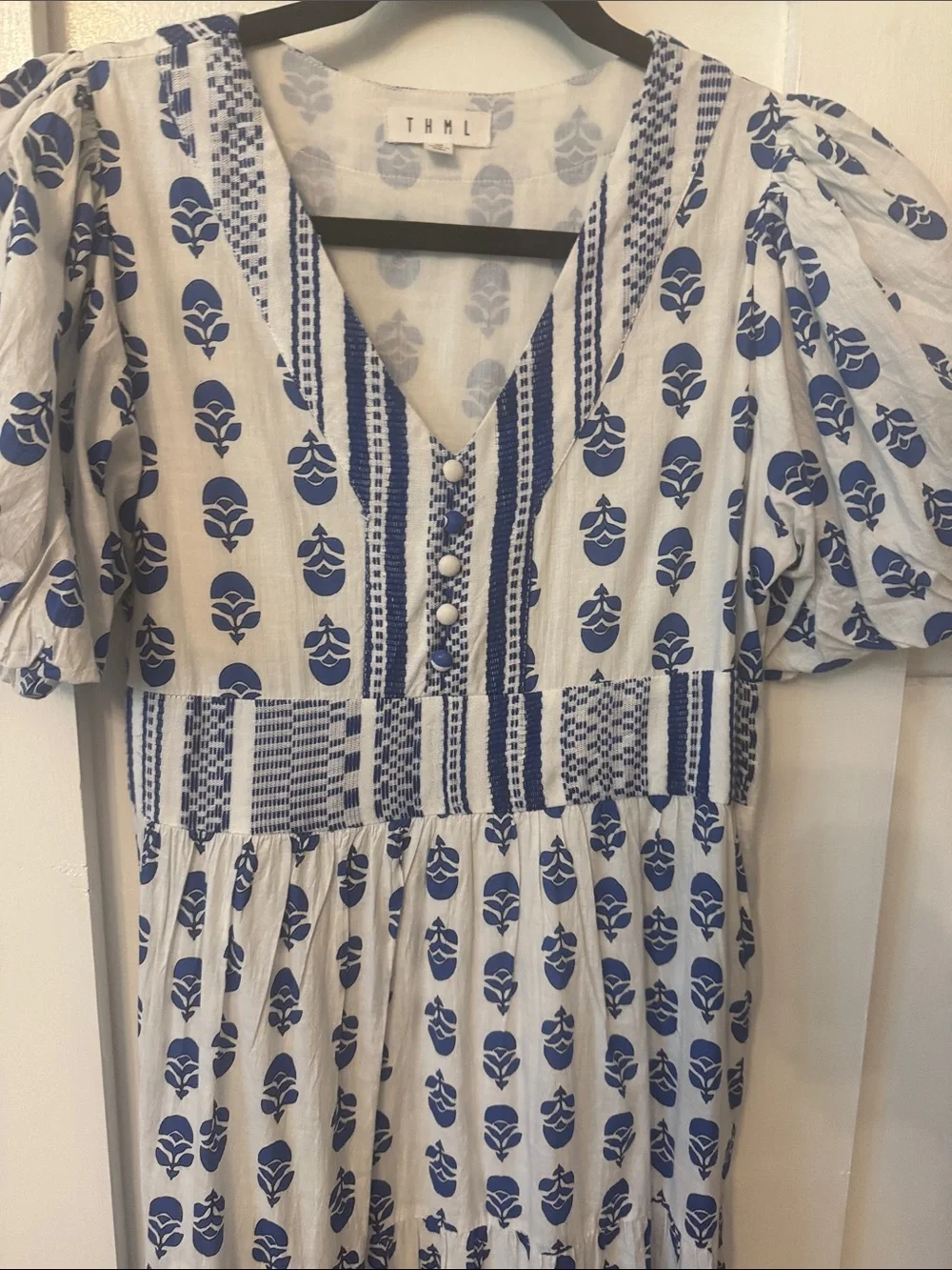 THML White Dress with Blue Floral Print and Puff Sleeves. Work once.